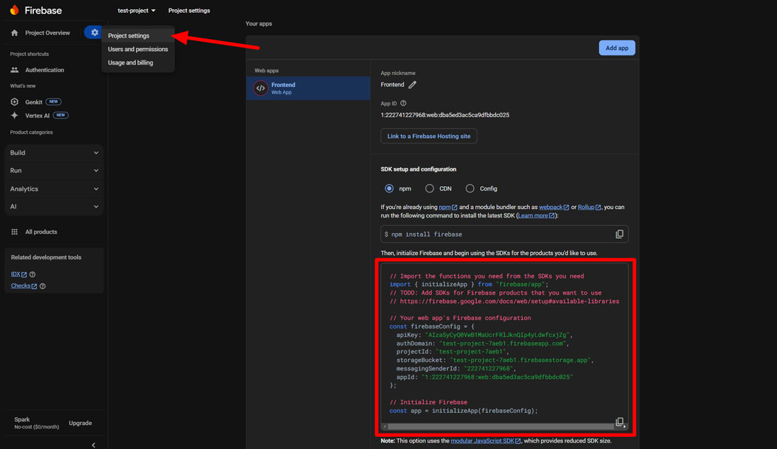Firebase project config